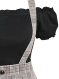 Hoombox Off The Shoulder Tee and Crisscross Plaid Suspender Skirt Set Two Piece Dress Top and Skirt Set