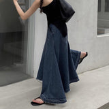 Hoombox Retro Blue High Waist Denim Half Length Fishtail Skirt Distressed A-line Swing Skirt Woman