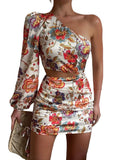 Hoombox Fashion One Shoulder Long Puff Sleeves Crop Top Floral Print Party Bodycon Mini Skirt Set Women