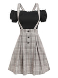 Hoombox Off The Shoulder Tee and Crisscross Plaid Suspender Skirt Set Two Piece Dress Top and Skirt Set