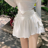 Hoombox Coquette Mini Skirt White Women High Waist A-line Shirring Irregular Cute Sexy Short Skirt Summer School Girl Fashio