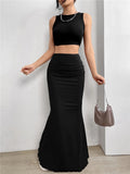 Hoombox Elegant Black High Waist Ruched Mermaid Skirt Women Summer Club Party Y2K Solid Ruched Slim Fit Maxi Skirts Streetwear