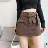 Korean Style High Waist Mini Skirt Women Fashion with Belt Short Culotte Skirts Y2K Streetwear Big Pocket Cargo Skirts