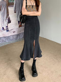 Hoombox Black Denim Long Skirt Women Vintage High Waist Split Bodycon Ruffles Pencil Mermaid Midi Skirt Summer Japanese Fashion