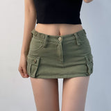 Hoombox Denim Cargo Mini Skirt Women Korean Style Low Waist Slim Sexy Vintage Streetwear Green Jean Skirt Y2k Girl Summer