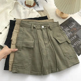 Hoombox Army Green Short Cargo Skirt Women Drawstring High Waist Mini Skirts Female Y2K Streetwear Big Pocket A-Line Skirts De Mujer