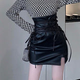 Black Leather Mini Skirts Women Gothic High Waist Slim Fit Lace-Up Pencil Skirt Female Sexy Club Back Zipper Split Bag Hip Skirt