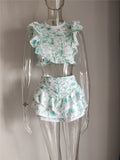 Hoombox  High Quality  Sunday Set elastic waistband Cropped top with ruffle detail and cute ruffle mini shorts skirts