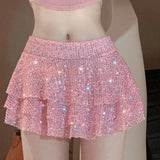 Hoombox 2024 Spring Summer Women Pink Sequin Multi Layered Ruffle Edge Ultra Short Skirt Sexy Spicy Girl Mid Rise Mini Skirts Clubwear