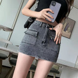 Korean High Wiast Denim Mini Skirt Women Sexy Hot Girl Tight Bag Hip Skirts Female Slim Anti-Glare Short Skirts Female