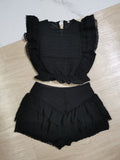 Hoombox  High Quality  Sunday Set elastic waistband Cropped top with ruffle detail and cute ruffle mini shorts skirts