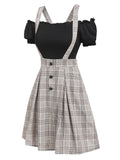 Hoombox Off The Shoulder Tee and Crisscross Plaid Suspender Skirt Set Two Piece Dress Top and Skirt Set