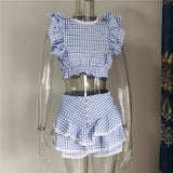 Hoombox  High Quality  Sunday Set elastic waistband Cropped top with ruffle detail and cute ruffle mini shorts skirts