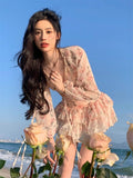 Hoombox Spring Summer Sweet Two Piece Set Sexy Backless Shirt Crop Top + Cake Skirt Suits Floral Chiffon Boho Beach Outfits  Fairy Dress  For Women