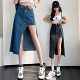 Hoombox New Korean Fashion Sexy Splicing Asymmetry Split Woman Skirts Womens Medium-long Jean Skirt Casual Female Girls Denim Skirt