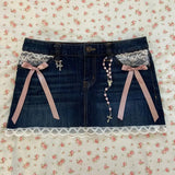 Hoombox Y2k Denim Skirt Womens Harajuku Gothic Lace Sexy Retro Blue Mini Skirt Pleated A Line Hot Girl High Waist Slim Mini Short Skirt