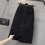 Hoombox Oversized Women Black Denim Skirts Autumn New High Waist Single Breasted  A-line Ladies Skirts Elegant Slit Midi Jean Skirts