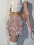 Hoombox Pink Sequin Mini Skirt Women Coquette Low Waist Ruffle Patchwork Cute Sexy Micro Skirt Y2K Summer Kawaii Fashion Party