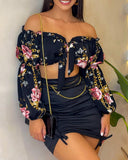 Hoombox Flowers Print Slash Neck Long Sleeves Crop Top Skirts 2 Pcs Set Sexy Slim Summer Fashion Outfit Streetwear Dress Sets