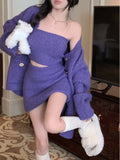 Hoombox Autumn Purple Knitted Sweater Suit Woman Sexy Corset + Loose Casual Cardigan + Slim Y2k Mini Skirt Party Korea 3 Piece Set