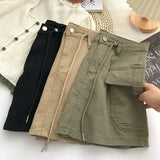 Hoombox Army Green Short Cargo Skirt Women Drawstring High Waist Mini Skirts Female Y2K Streetwear Big Pocket A-Line Skirts De Mujer