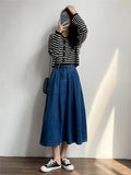 Hoombox New Spring Summer Denim Skirts Women Casual High Waist A-line Skirts Lady Loose Vintage Dark Blue Skirts