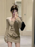 Hoombox Sexy 2 Piece Dress Set Elegan Casual Long Sleeve Knitted Suits Y2k Crop Tops + Bodycon High Waist Mini Skirt Korean Autumn