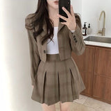 Retro Blazer Suits Women Elegant Cropped Jacket & Pleated Skirt Sets Cute Two Piece Plaid Suit + High Waist Mini Skirt Suit