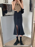 Hoombox Black Denim Long Skirt Women Vintage High Waist Split Bodycon Ruffles Pencil Mermaid Midi Skirt Summer Japanese Fashion