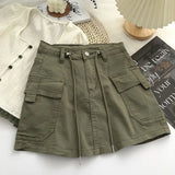 Hoombox Army Green Short Cargo Skirt Women Drawstring High Waist Mini Skirts Female Y2K Streetwear Big Pocket A-Line Skirts De Mujer