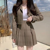 Retro Blazer Suits Women Elegant Cropped Jacket & Pleated Skirt Sets Cute Two Piece Plaid Suit + High Waist Mini Skirt Suit