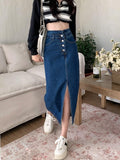 Hoombox A-line High Waist Long Vintage Versatile Split Denim Skirt Woman