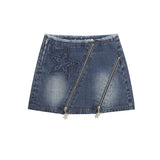 Hoombox Vintage Denim Mini Skirt Women Solid High Waist A-line Zipper Distressed Streetwear Jean Skirt 2000s Fashion Summer