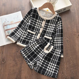 Hoombox Baby Girl Clothes  Children Suits Korean Version Small Fragrance Girl Plaid Doll Collar Jacket + Love Vest Skirt 2Pcs Clothes Suit Wool Coat