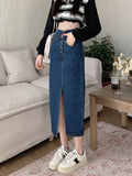 Hoombox A-line High Waist Long Vintage Versatile Split Denim Skirt Woman