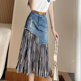 Hoombox Summer Irregular Jeans Skirts Women Korean Fashion High Waist Patchwork Tulle Skirt Woman Y2K Pockets Long Denim Skirts