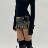 Hoombox Punk Style Eyelet Sexy Micro Skirts Cyber Gothic Y2k Low Waist Mini Skirt Pleated Streetwear Bottoms With Lace Up Belt