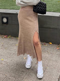 Hoombox Casual Solid Warm Knitted Split Skirt Elegant Fashion Slim High Waisted Maxi Skirts Women Autumn Winter Streetwear