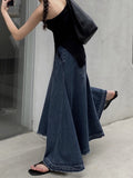 Hoombox Retro Blue High Waist Denim Half Length Fishtail Skirt Distressed A-line Swing Skirt Woman