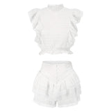 Hoombox  High Quality  Sunday Set elastic waistband Cropped top with ruffle detail and cute ruffle mini shorts skirts