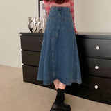 Hoombox High Waist Retro Blue Denim Skirts for Women New Irregular A-Line Long Skirt Woman Korean Trendy Daily Jean Skirts