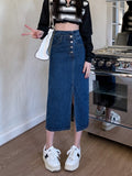 Hoombox A-line High Waist Long Vintage Versatile Split Denim Skirt Woman