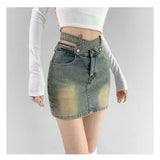 Hoombox Denim Mini Skirt Women High Waist A-Line Belt Distressed Bodycon Kpop Skirt Summer Vintage Streetwear Fashion