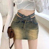 Hoombox Denim Mini Skirt Women High Waist A-Line Belt Distressed Bodycon Kpop Skirt Summer Vintage Streetwear Fashion