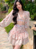 Hoombox Spring Summer Sweet Two Piece Set Sexy Backless Shirt Crop Top + Cake Skirt Suits Floral Chiffon Boho Beach Outfits  Fairy Dress  For Women