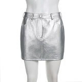 Hoombox Silver PU Mini Skirts Women Sexy High Waist A-Line Skirt Summer Elegant Retro Tight Short Skirt Fashion Club Party Outfit