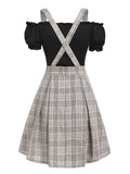 Hoombox Off The Shoulder Tee and Crisscross Plaid Suspender Skirt Set Two Piece Dress Top and Skirt Set