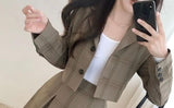 Retro Blazer Suits Women Elegant Cropped Jacket & Pleated Skirt Sets Cute Two Piece Plaid Suit + High Waist Mini Skirt Suit