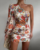 Hoombox Fashion One Shoulder Long Puff Sleeves Crop Top Floral Print Party Bodycon Mini Skirt Set Women