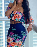 Hoombox Women Dress Sets Off Shoulder Floral Print Ruffles Top & Skirt Set Casual Look for Women